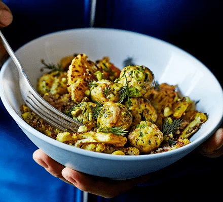 chicken meatballs with quinoa curried cauliflower